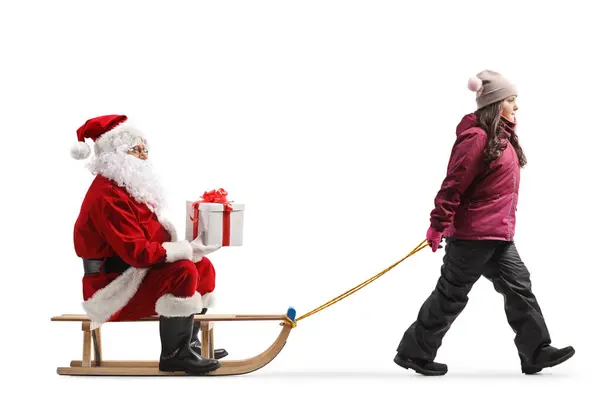 Girl Pulling Sleight Santa Claus Sitting Holding Present Isolated White — Stock Photo, Image