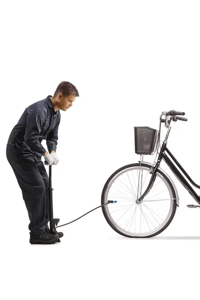 Mechanic Using Manual Pump Flat Front Tire Bicycle Isolated White — Stock Photo, Image