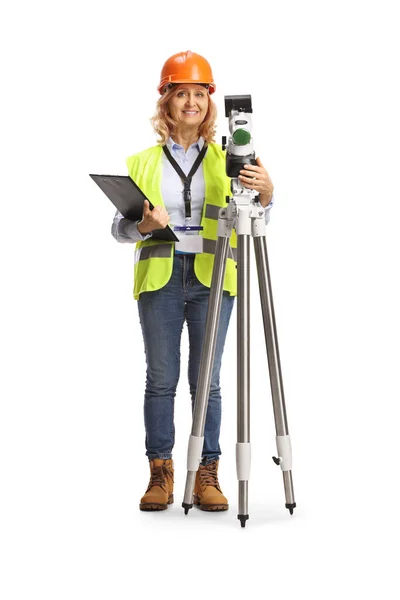 Full Length Portrait Woman Geodetic Surveyor Posing Measuring Station Isolated — Stock Photo, Image