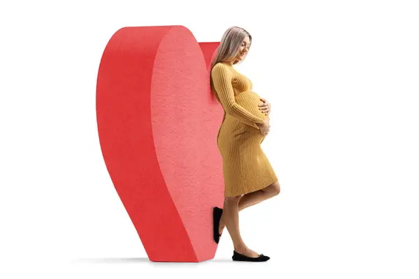 Full Length Profile Shot Pregnant Woman Leaning Big Red Heart — Stock Photo, Image