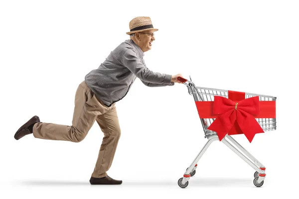 Full Length Shot Elderly Gentleman Running Empty Shopping Cart Tied — Stock Photo, Image