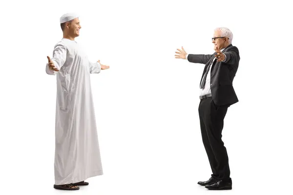 Muslim Man Meeting Greeting Mature Businessman Isolated White Background — Stock Photo, Image