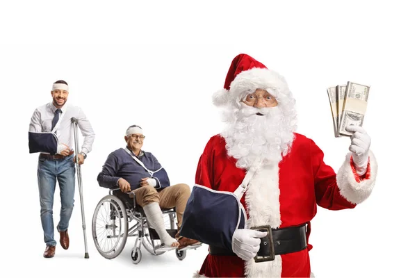 Santa Claus Con Una Lesión Brazo Pie Delante Las Personas —  Fotos de Stock