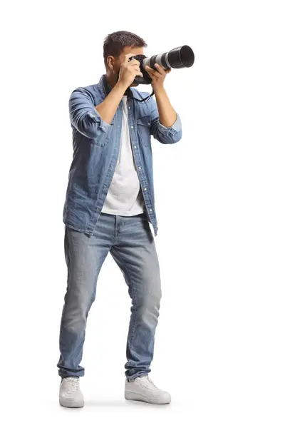 Full Length Shot Man Taking Photo Professional Camera Isolated White — Stock Photo, Image