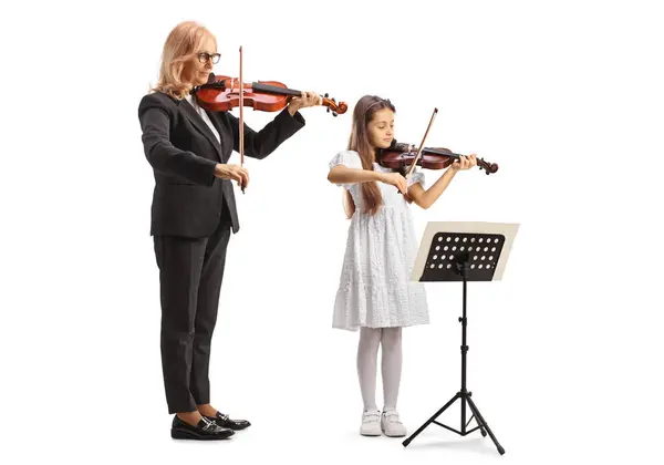 Girl Practicing Violin Female Teacher Isolated White Background — Stock Photo, Image