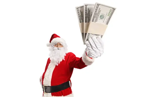 Santa Claus Holding Stacks Money Isolated White Background Stock Image