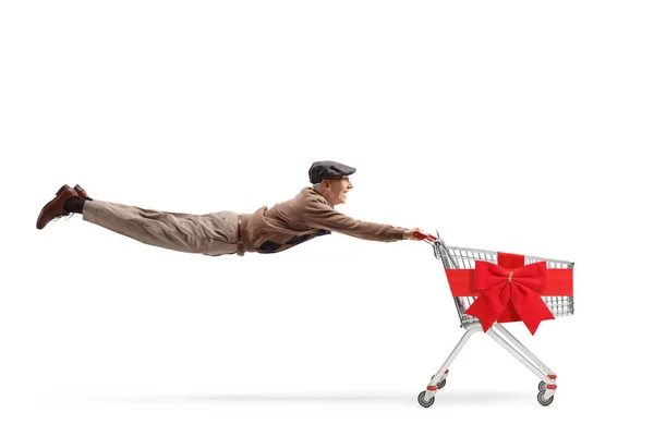 Full Length Shot Casual Elderly Man Flying Holding Empty Shopping — Stock Photo, Image