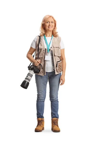 Full Length Portrait Female Photographer Carrying Professional Camera Smiling Isolated — Stock Photo, Image