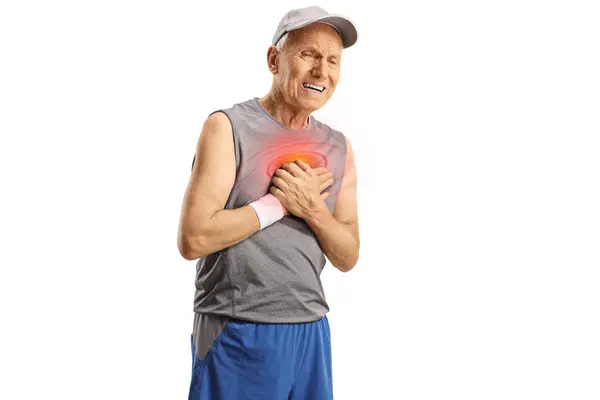 Elderly Man Sportswear Experiencing Pain Chest Isolated White Background — Stock Photo, Image