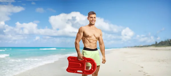Fit Muscular Man Holding Swimming Float Sandy Beach Cuba Varadero — Stock Photo, Image