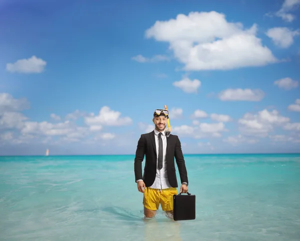 Businessman Swimsuit Snorkelling Fins Mask Holding Briefcase Standing Sea — Stock Photo, Image