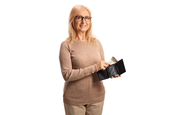 Smiling Woman Putting Money Wallet Isolated White Background — Stock Photo, Image