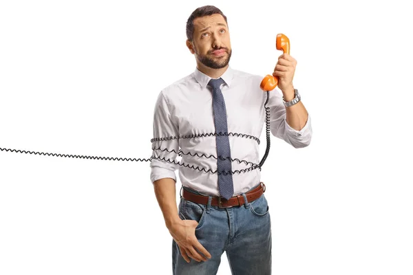 Hombre Atado Con Cable Teléfono Giratorio Aislado Sobre Fondo Blanco — Foto de Stock
