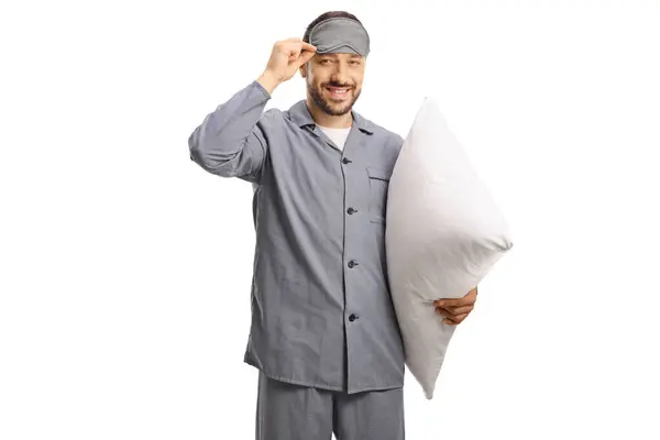 Человек Пижаме Спящей Маской Подушкой Руке Изолирован Белом Фоне — стоковое фото