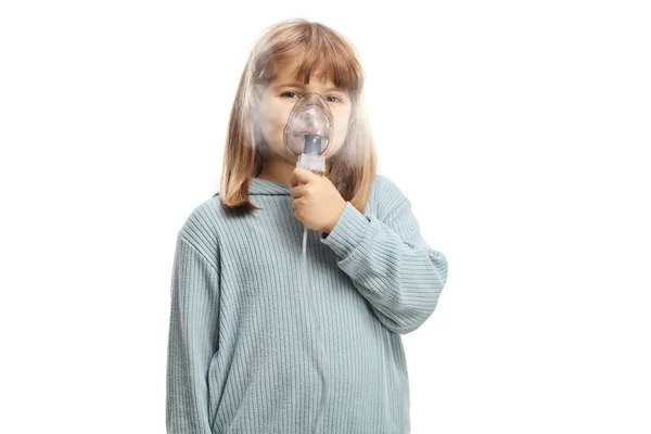 Little Girl Using Portable Inhaler Mask Vapor Mist Isolated White — Stock Photo, Image