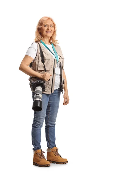 Female Photo Journalist Carrying Camera Shoulder Strap Isolated White Background — Stock Photo, Image