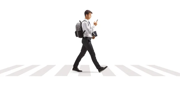 Man Student Een College Uniform Lopen Met Een Smartphone Een — Stockfoto