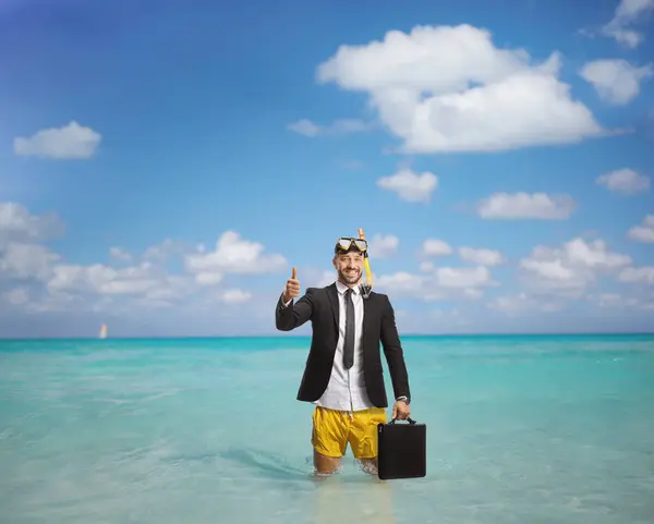 Businessman Diving Mask Sea Holding Briefcase Showing Thumbs — Stock Photo, Image