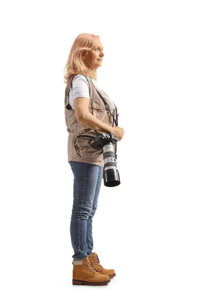 Full Length Profile Show Female Photographer Camera Shoulder Strap Isolated — Stock Photo, Image