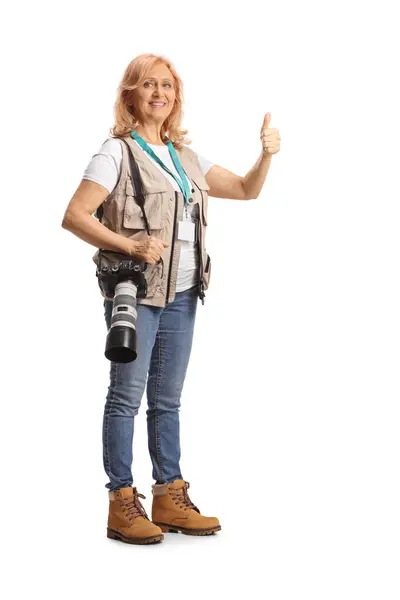 Full Length Shot Female Photographer Camera Shoulder Strap Gesturing Thumbs — Stock Photo, Image