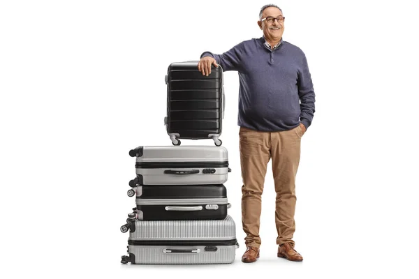 Mature Man Leaning Pile Suitcases Isolated White Background — Stock Photo, Image