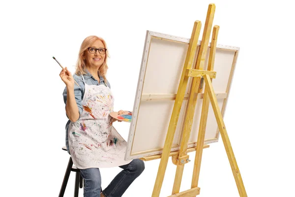 Middle Aged Woman Sitting Chair Painting Canvas Hobbies Leisure Concept — Stock Photo, Image