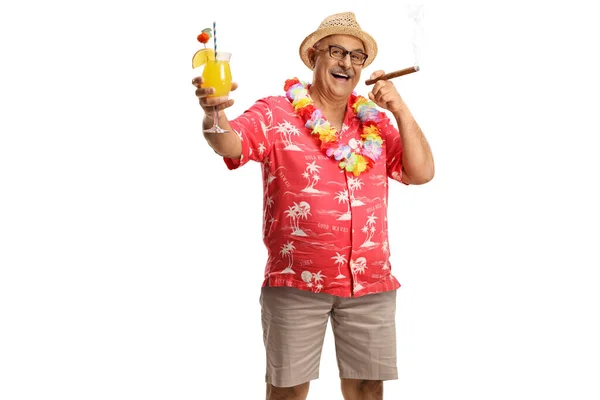 Happy Mature Male Tourist Smoking Cigar Holding Glass Coctail Isolated Royalty Free Stock Images