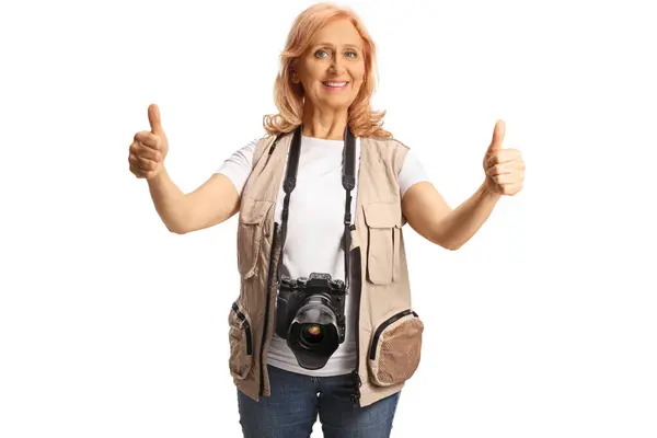 Female Photo Jounalist Smiling Gesturing Thumbs Isolated White Background — Stock Photo, Image