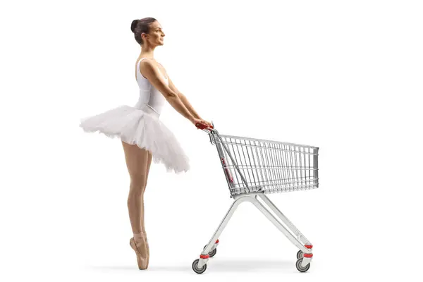 Full Length Profile Shot Ballerina Waiting Shopping Cart Isolated White — Stock Photo, Image
