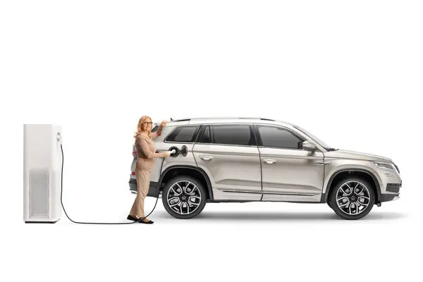 Woman Plugging Suv Electric Charging Point Isolated White Background — Stock Photo, Image