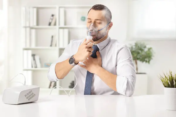 Young Man Getting Treatment Nebulizer Hom — Stock Photo, Image