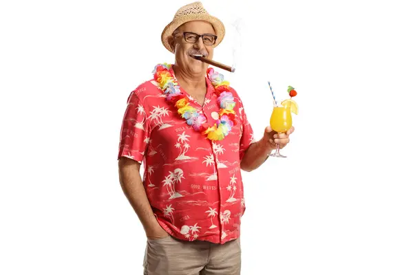 Mature Man Smoking Cigar Holding Glass Cocktail Isolated White Background Stock Photo