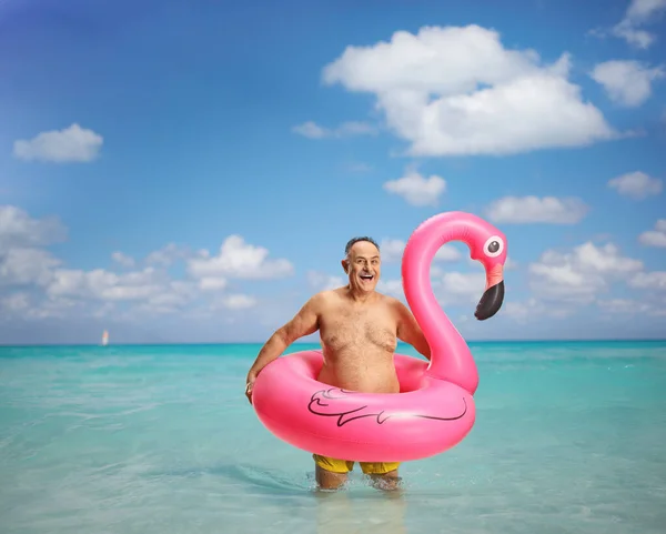 Happy Mature Man Big Inflatable Flamingo Rubber Ring Standing Sea — Stock Photo, Image