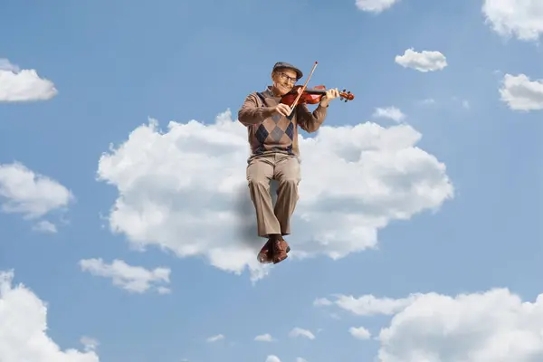 Elderly Man Sitting Cloud Playing Violin Sky — Stock Photo, Image