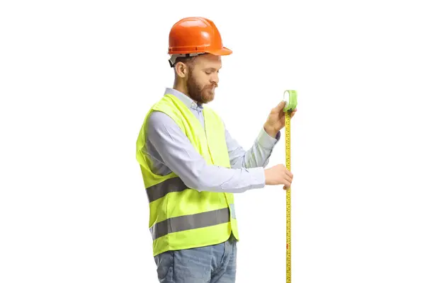 Engineer Measuring Using Steel Tape Measure Isolated White Background — Stock Photo, Image