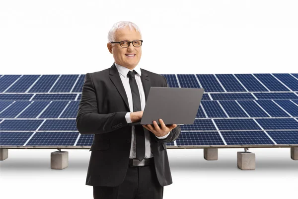 Mature Professional Man Laptop Solar Farm Isolated White Background — Stock Photo, Image