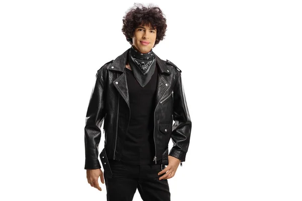 Guy Leather Jacket Black Scarf Neck Isolated White Background — Stock Photo, Image