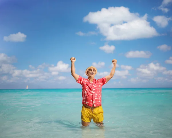 Exultante Homem Maduro Feriado Verão Gesticulando Felicidade Com Braços Mar — Fotografia de Stock