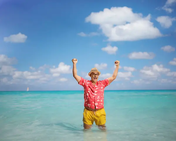 Overjoyed Mature Tourist Summer Holiday Gesturing Happiness Arms Sea — Stock Photo, Image