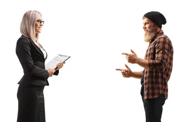 Profile Shot Businesswoman Having Conversation Bearded Guy Isolated White Background — Stock Photo, Image