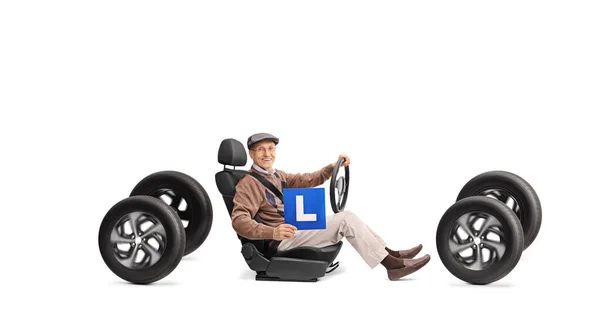 Cheerful Senior Holding Learner Plate Driving Four Wheels Isolated White — Stock Photo, Image