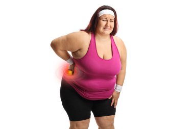 Plus size woman in sportswear with a stiff back isolated on white background