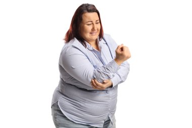 Woman holding her elbow in pain isolated on white background