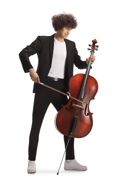Trendy Young Musician Playing Cello Isolated White Background — Stok fotoğraf