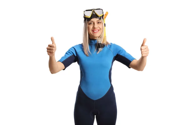 Smiling Young Woman Wetsuit Diving Mask Making Thumbs Gesture Isolated — стоковое фото