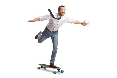 Professional man on a skateboard riding fast isolated on white background