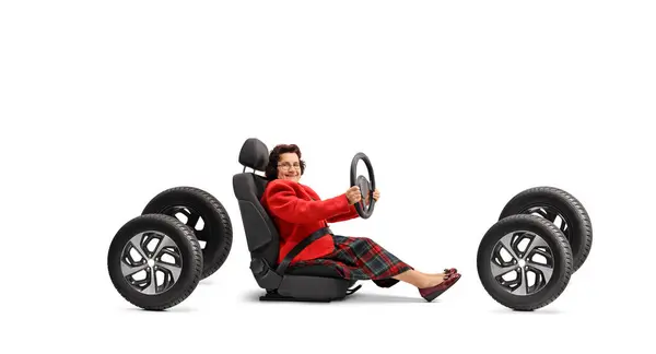 Senior Woman Sitting Car Seat Four Tires Driving Isolated White — 图库照片