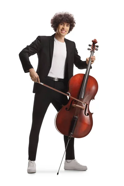 Trendy Young Male Musician Playing Cello Isolated White Background — Stock Photo, Image