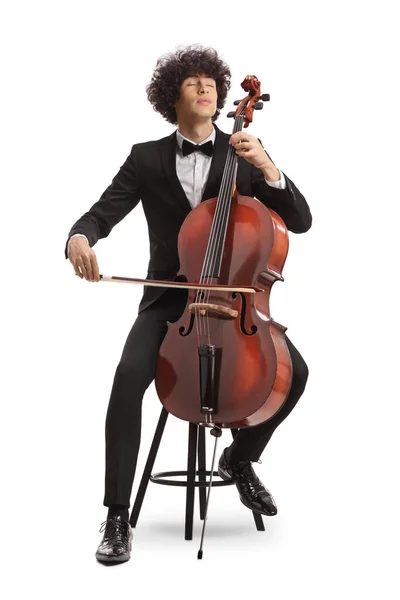 Young Cellist Sitting Chair Playing Isolated White Background — Stok fotoğraf