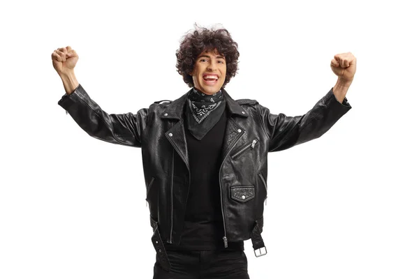 Excited Young Man Leather Jacket Black Scarf Gesturing Happiness Isolated — Stockfoto